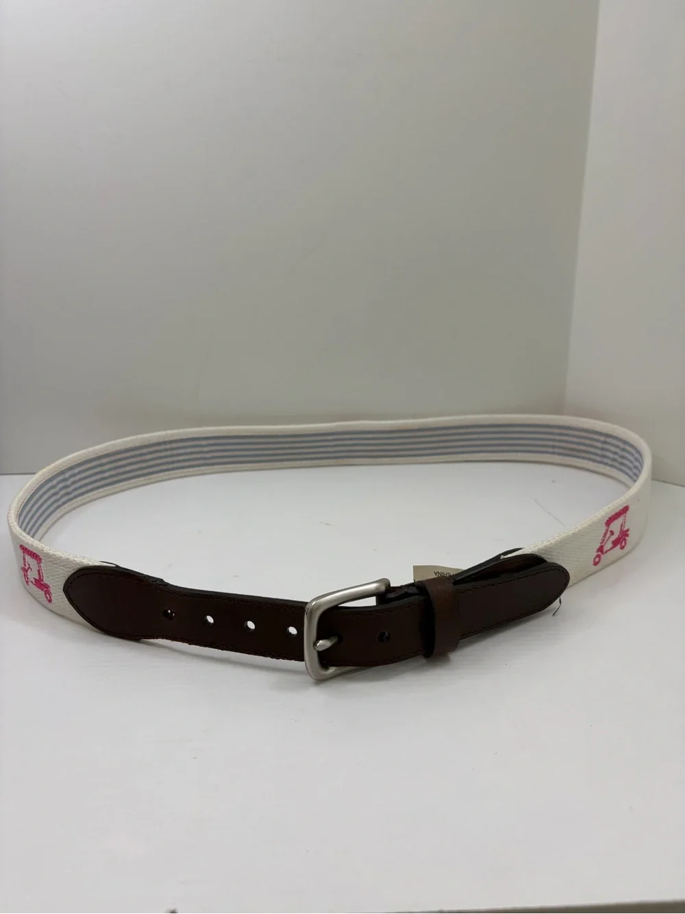 Pink Golf Cart Preppy White Canvas Brown Leather Trim Belt Size Medium